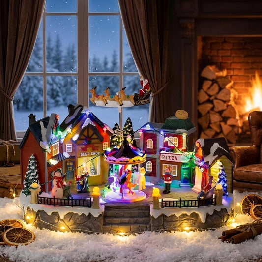 Christmas Village Musical Town Square with Rotating Carousel & Santa Sleigh
