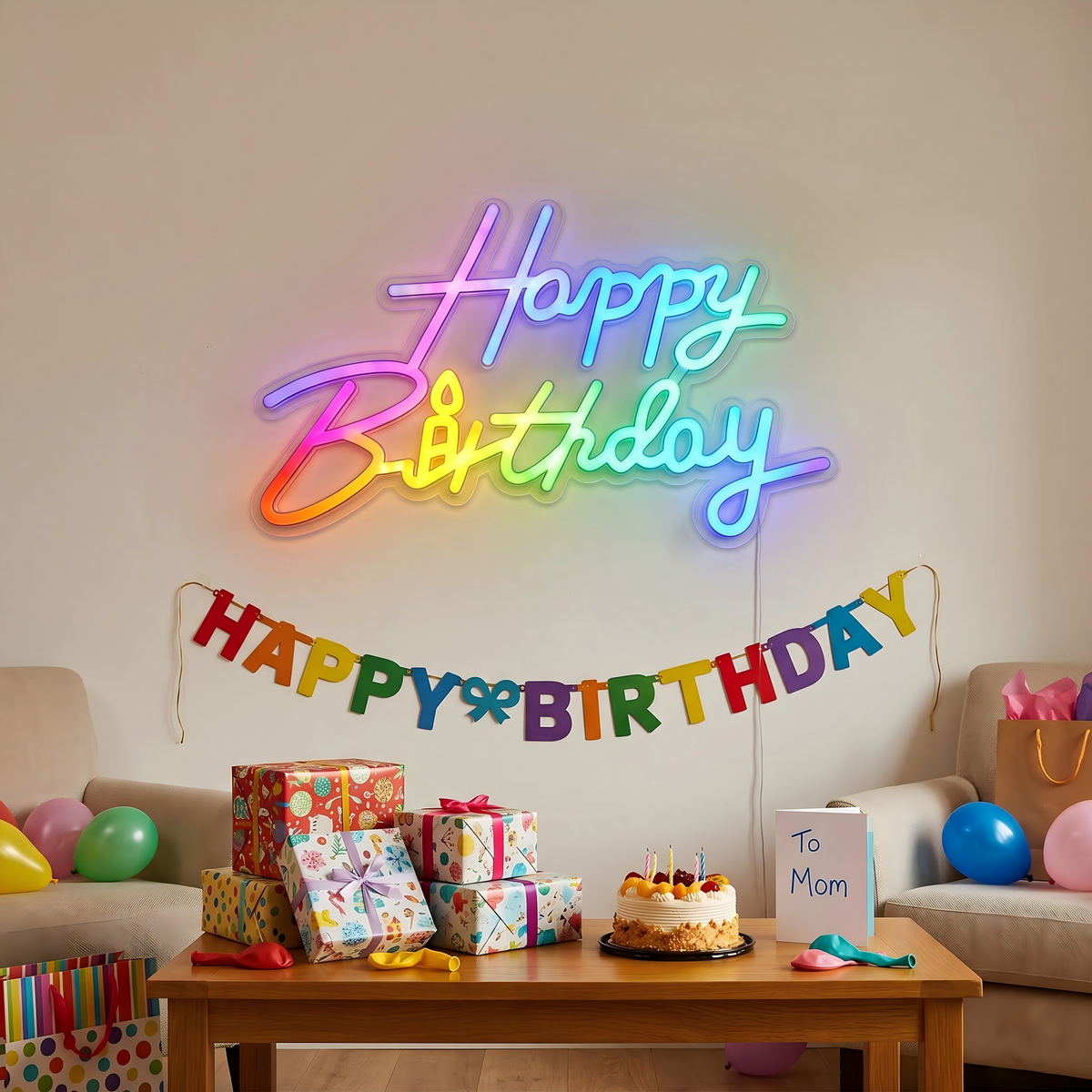 Happy Birthday Neon Sign for Celebration Birthday Event Decor