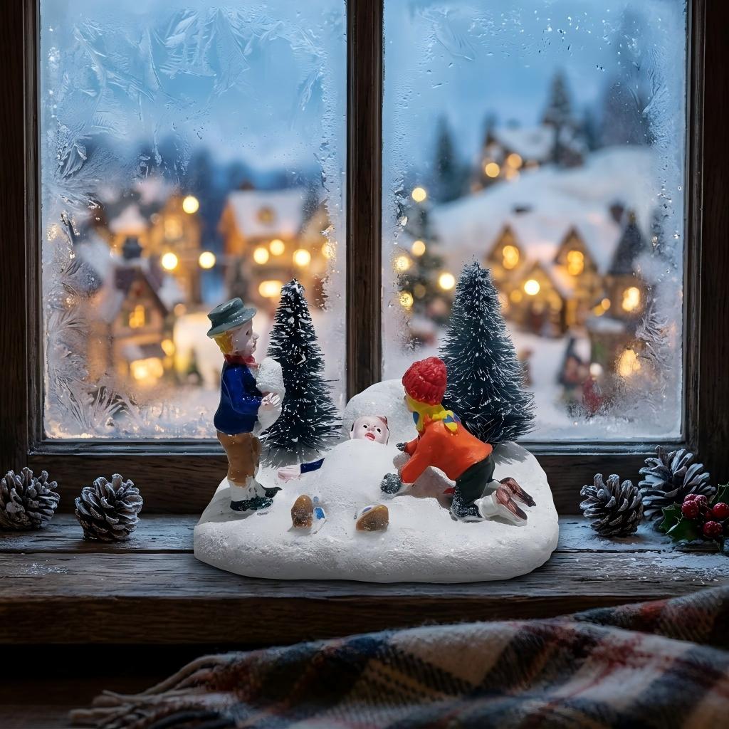 Christmas Village Accessory Kids Playing Snow