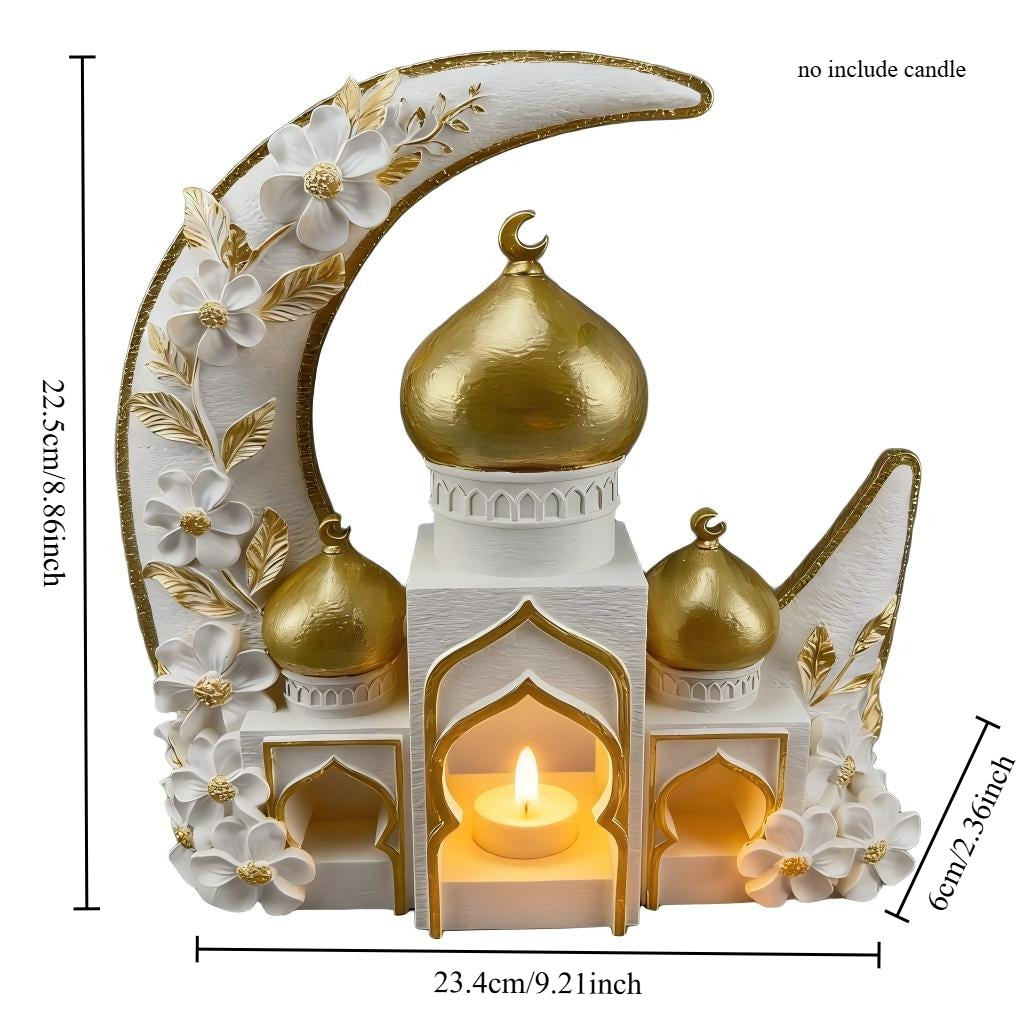 Islamic Moon Mosque Tealight Holder Decoration, Resin Eid Ramadan Table Decor with Candle Light for Muslim Home & Festival