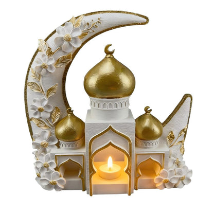 Islamic Moon Mosque Tealight Holder Decoration, Resin Eid Ramadan Table Decor with Candle Light for Muslim Home & Festival