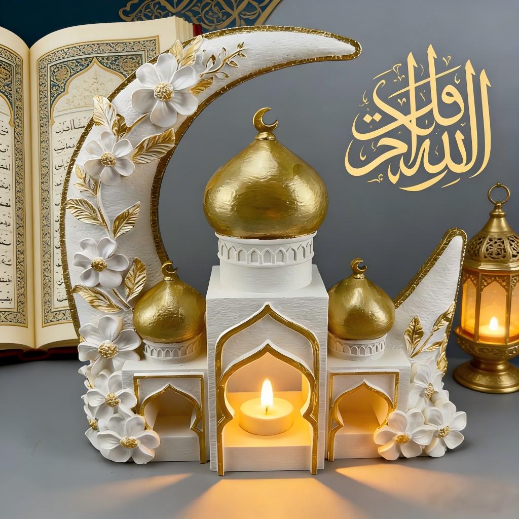 Islamic Moon Mosque Tealight Holder Decoration, Resin Eid Ramadan Table Decor with Candle Light for Muslim Home & Festival
