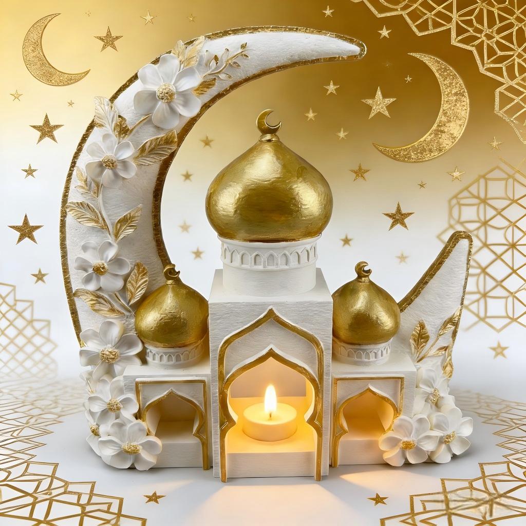 Islamic Moon Mosque Tealight Holder Decoration, Resin Eid Ramadan Table Decor with Candle Light for Muslim Home & Festival