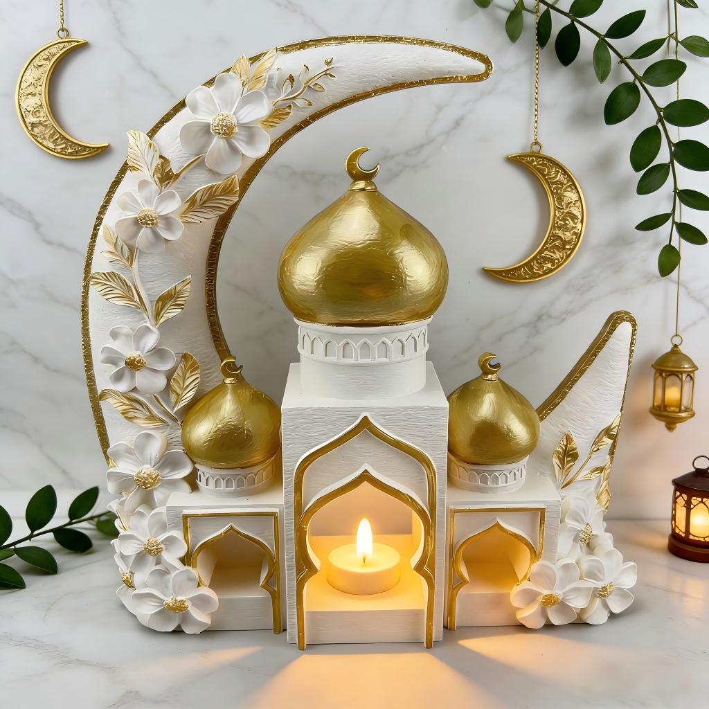 Islamic Moon Mosque Tealight Holder Decoration, Resin Eid Ramadan Table Decor with Candle Light for Muslim Home & Festival