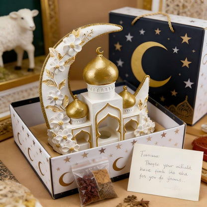 Islamic Moon Mosque Tealight Holder Decoration, Resin Eid Ramadan Table Decor with Candle Light for Muslim Home & Festival