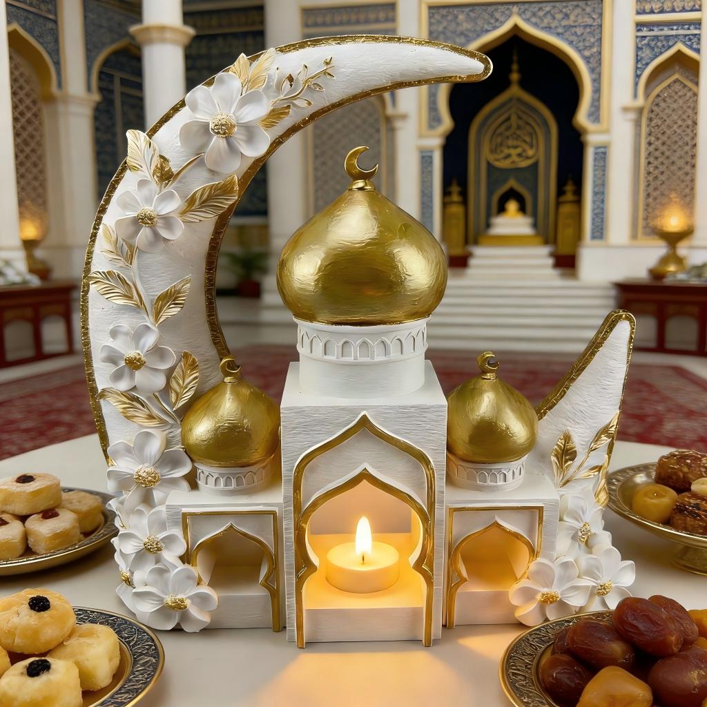 Islamic Moon Mosque Tealight Holder Decoration, Resin Eid Ramadan Table Decor with Candle Light for Muslim Home & Festival