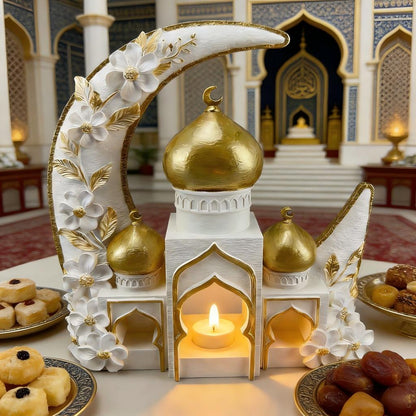 Islamic Moon Mosque Tealight Holder Decoration, Resin Eid Ramadan Table Decor with Candle Light for Muslim Home & Festival