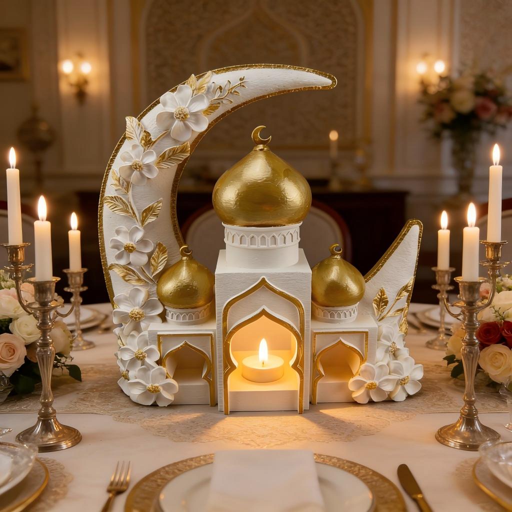 Islamic Moon Mosque Tealight Holder Decoration, Resin Eid Ramadan Table Decor with Candle Light for Muslim Home & Festival