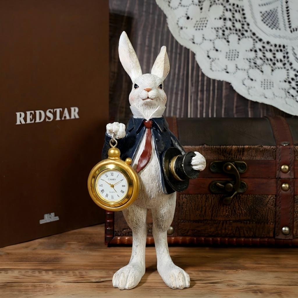 White Rabbit Pocket Watch Figurine Resin Statue for Home Decor