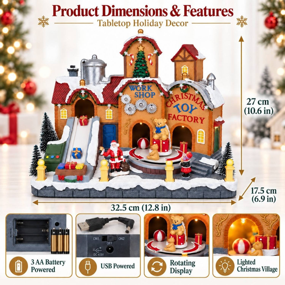 12.8-inch lighted Christmas toy factory village with Santa, workshop gears and rotating display
