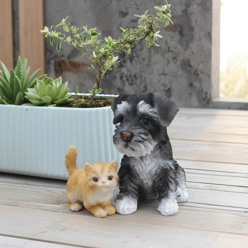 Mini Schnauzer and Ginger Kitten Figurine Set – Resin Garden Decor Statues - product image 2
