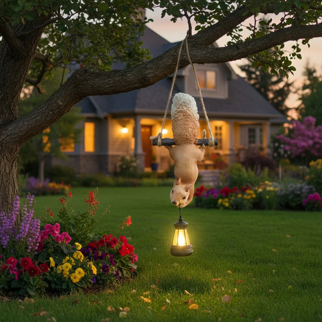 Hanging Squirrel Solar Lantern Garden Statue Whimsical Tree Decor