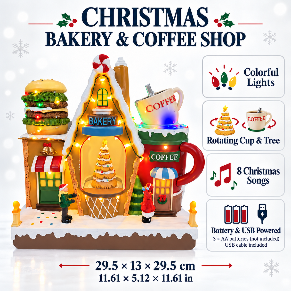 Christmas bakery dimensions with colorful lights, rotating cup and tree, 8 Christmas songs and battery or USB power