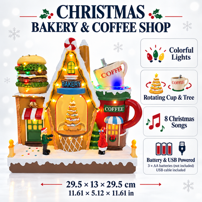 Christmas bakery dimensions with colorful lights, rotating cup and tree, 8 Christmas songs and battery or USB power
