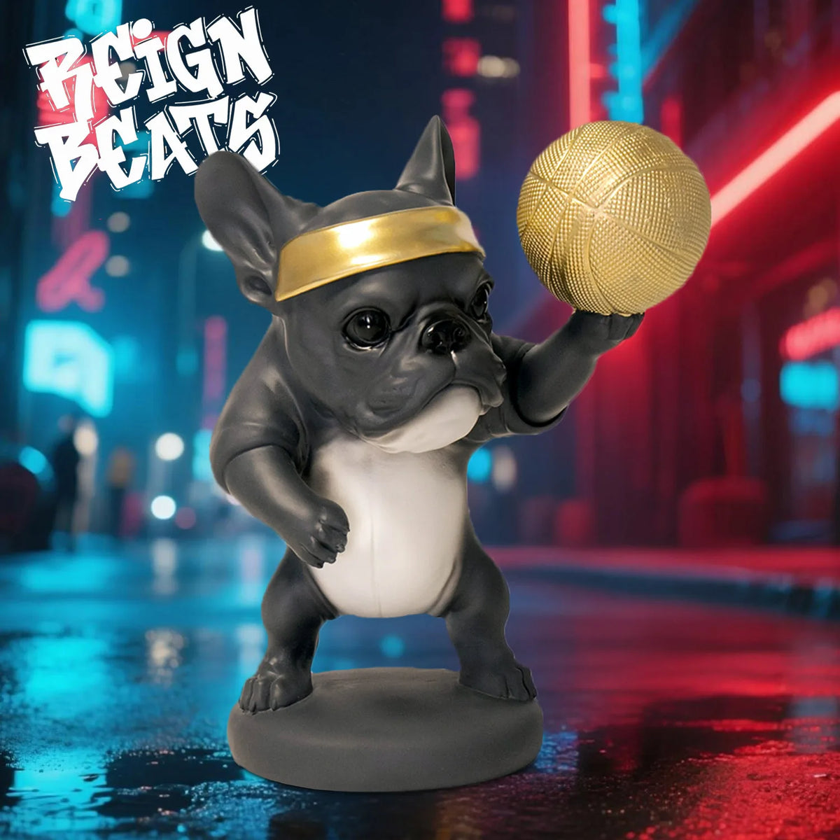 Basketball French Bulldog Figurine with Golden Headband and Basketball, Cute Sporty Home Decor for Dog Lovers Collectible Toy