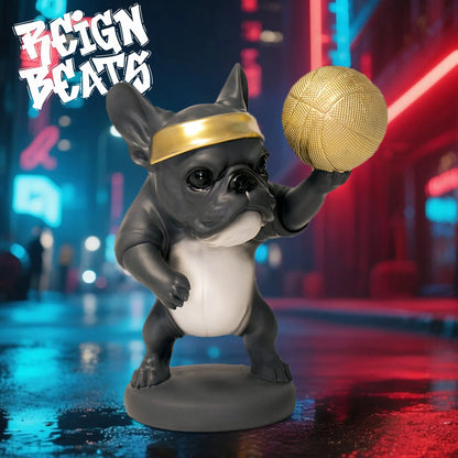 Basketball French Bulldog Figurine with Golden Headband and Basketball, Cute Sporty Home Decor for Dog Lovers Collectible Toy