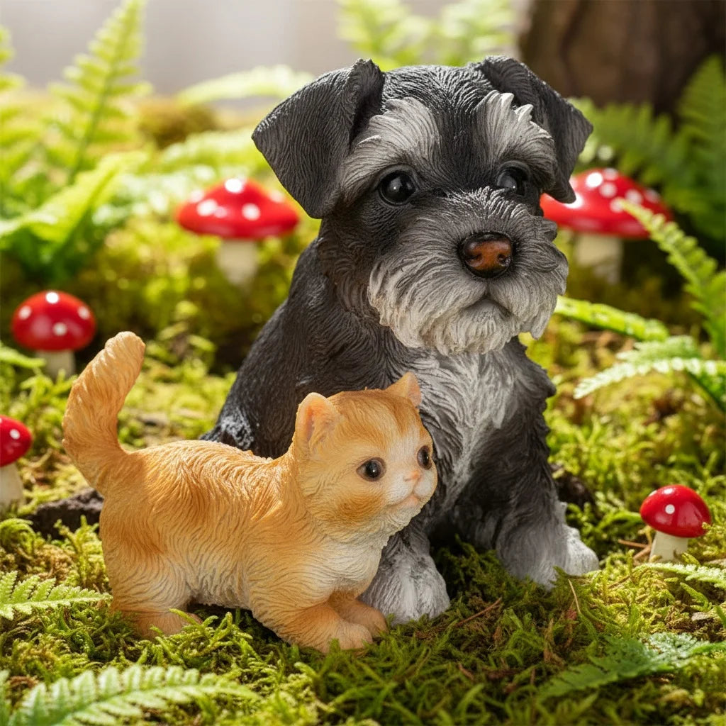 Mini Schnauzer and Ginger Kitten Figurine Set – Resin Garden Decor Statues
