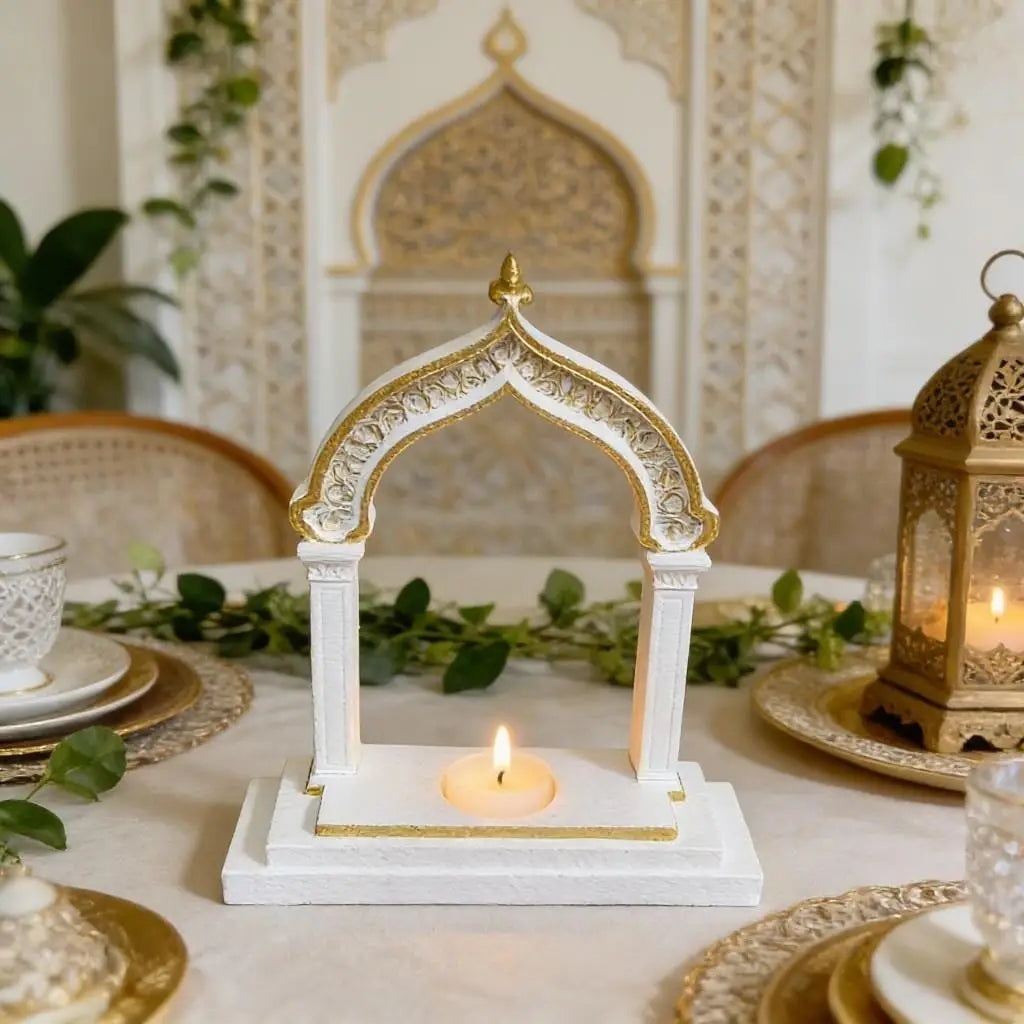 Ramadan Decoration Arch Candle Holder Islamic Style White & Gold Tealight Stand for Home Table Eid Mubarak Festival