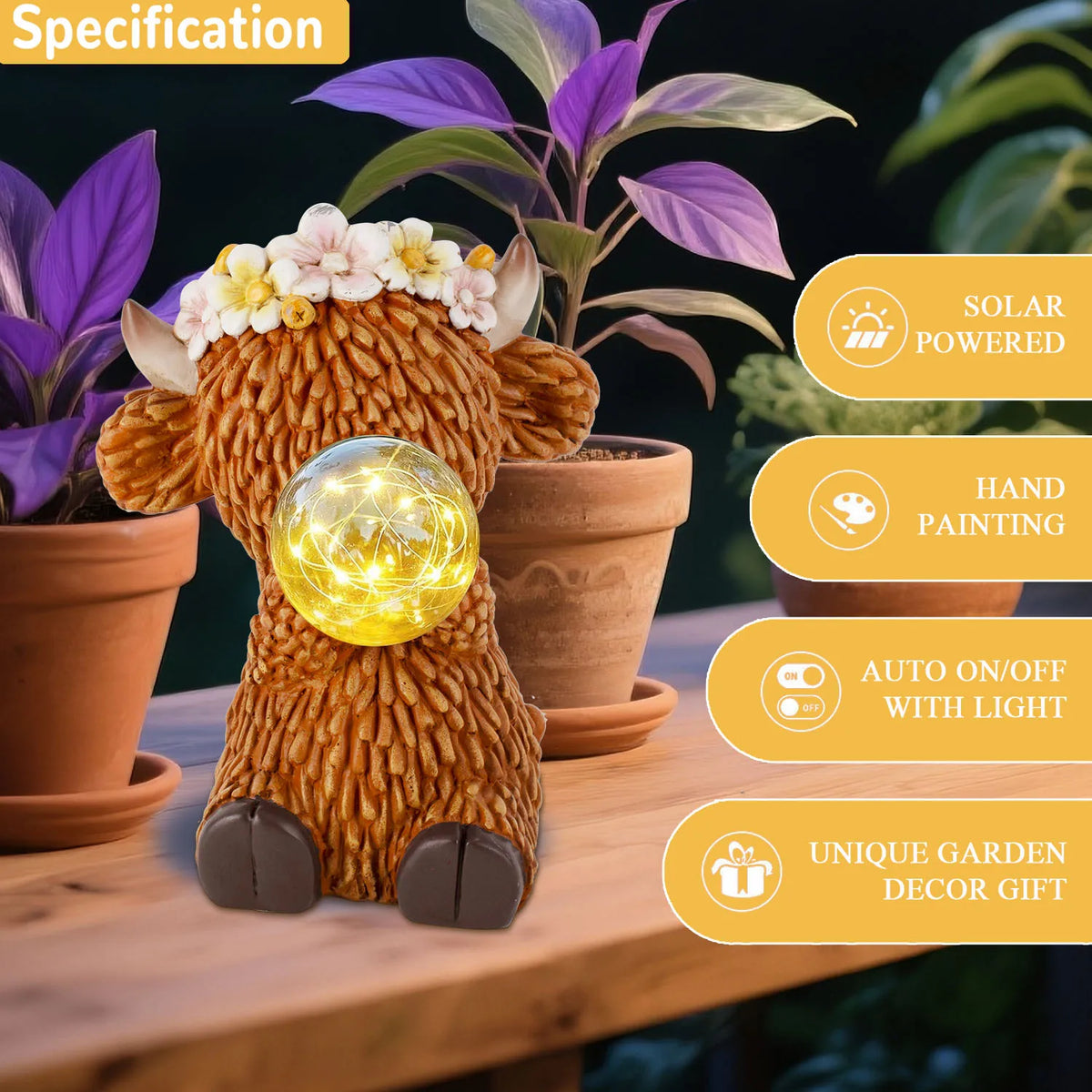 Solar Highland Cow Garden Statue with LED Globe for Outdoor Decor - product image 5