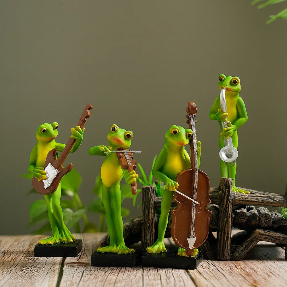 Funny Musical Frog Figurine for Fairy Garden Decor – Bass, Violin, Cello & Saxophone