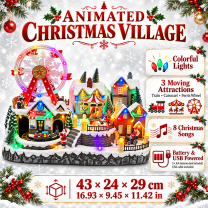 Christmas village dimensions with three moving attractions, colorful lights, 8 Christmas songs and battery or USB power