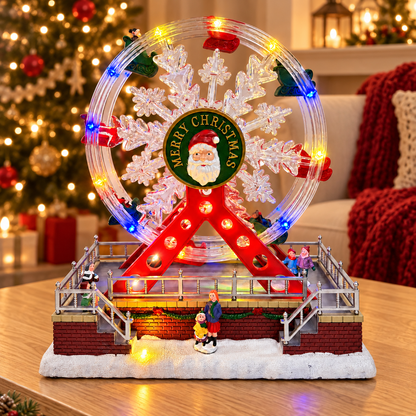 Musical Santa snowflake Ferris wheel on a coffee table beside a Christmas tree and cozy sofa