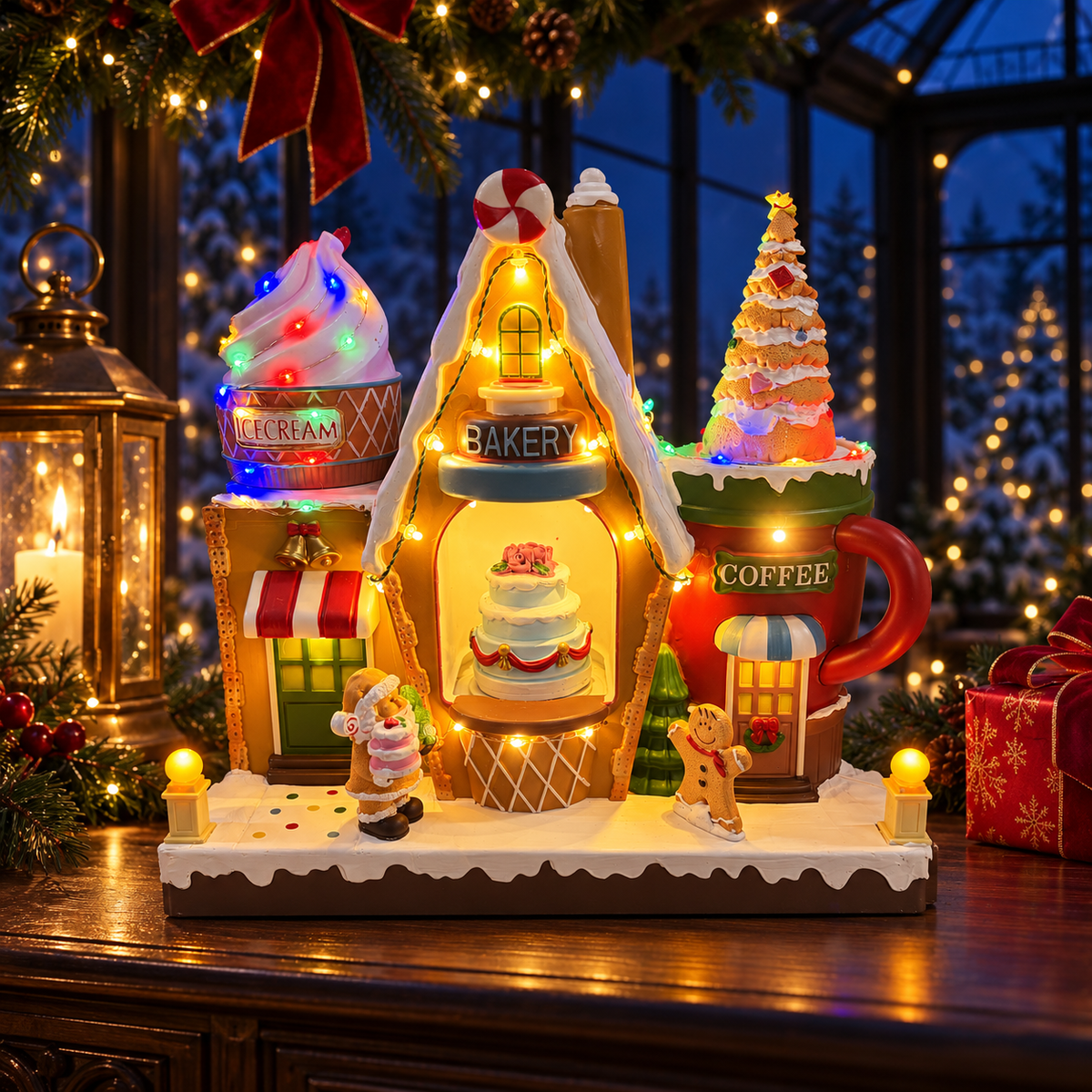 Illuminated Christmas bakery and ice cream village displayed at night with deep blue windows, evergreen garland and red gifts