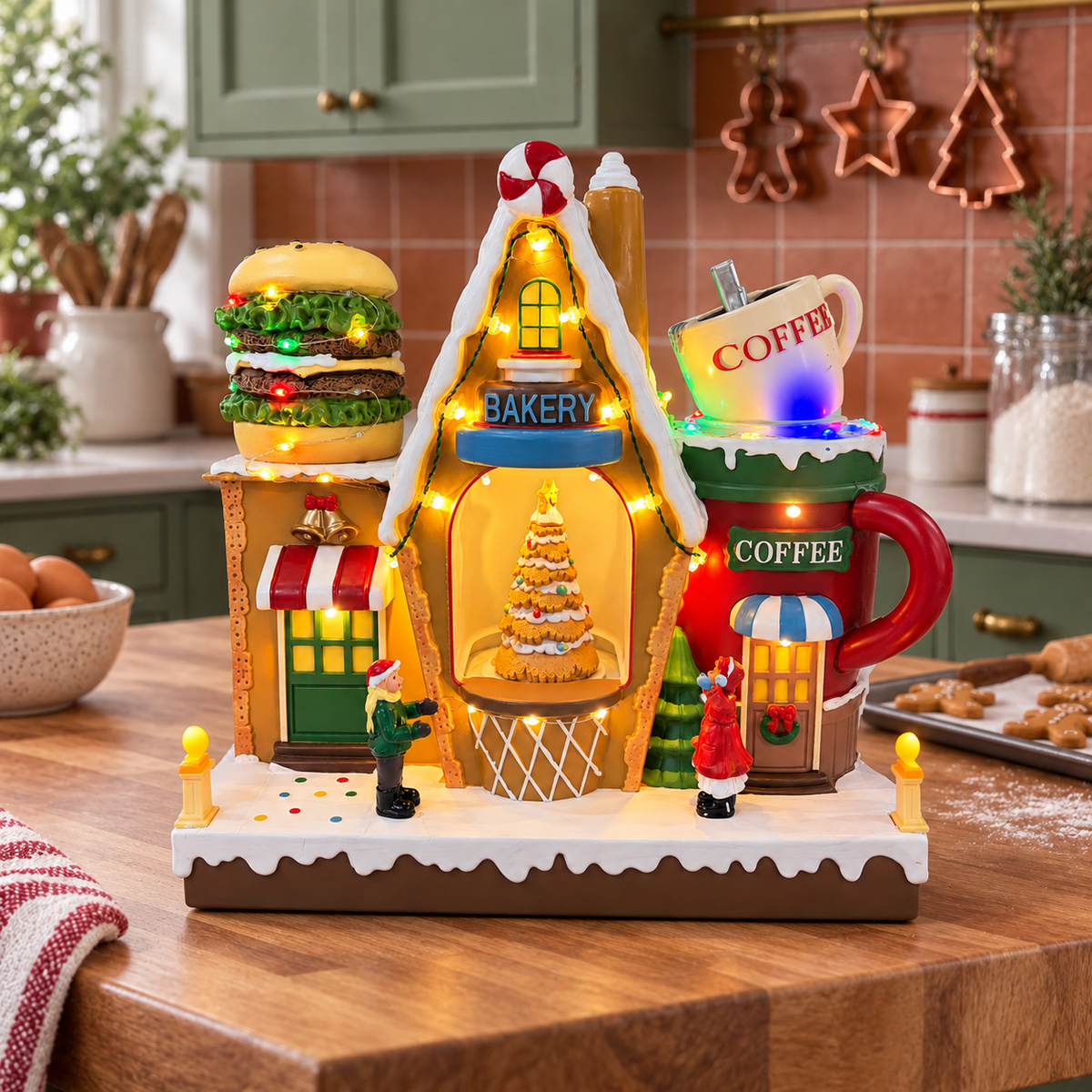 Animated Christmas bakery and coffee shop on a wooden kitchen island with gingerbread baking decorations