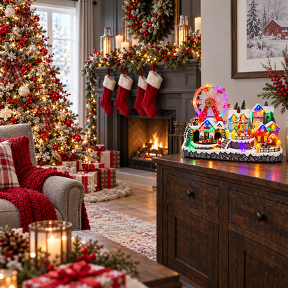 Musical Christmas village on a wooden sideboard in a decorated living room with a Christmas tree and hanging stockings
