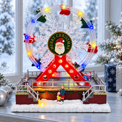 Lighted Christmas snowflake Ferris wheel displayed beside a snowy window with silver and blue decorations