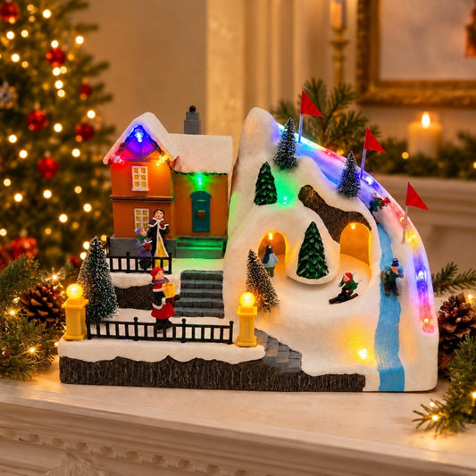 Christmas Village Animated Ski Slope with LED Lights & Music, 10.2-Inch Tabletop Decor