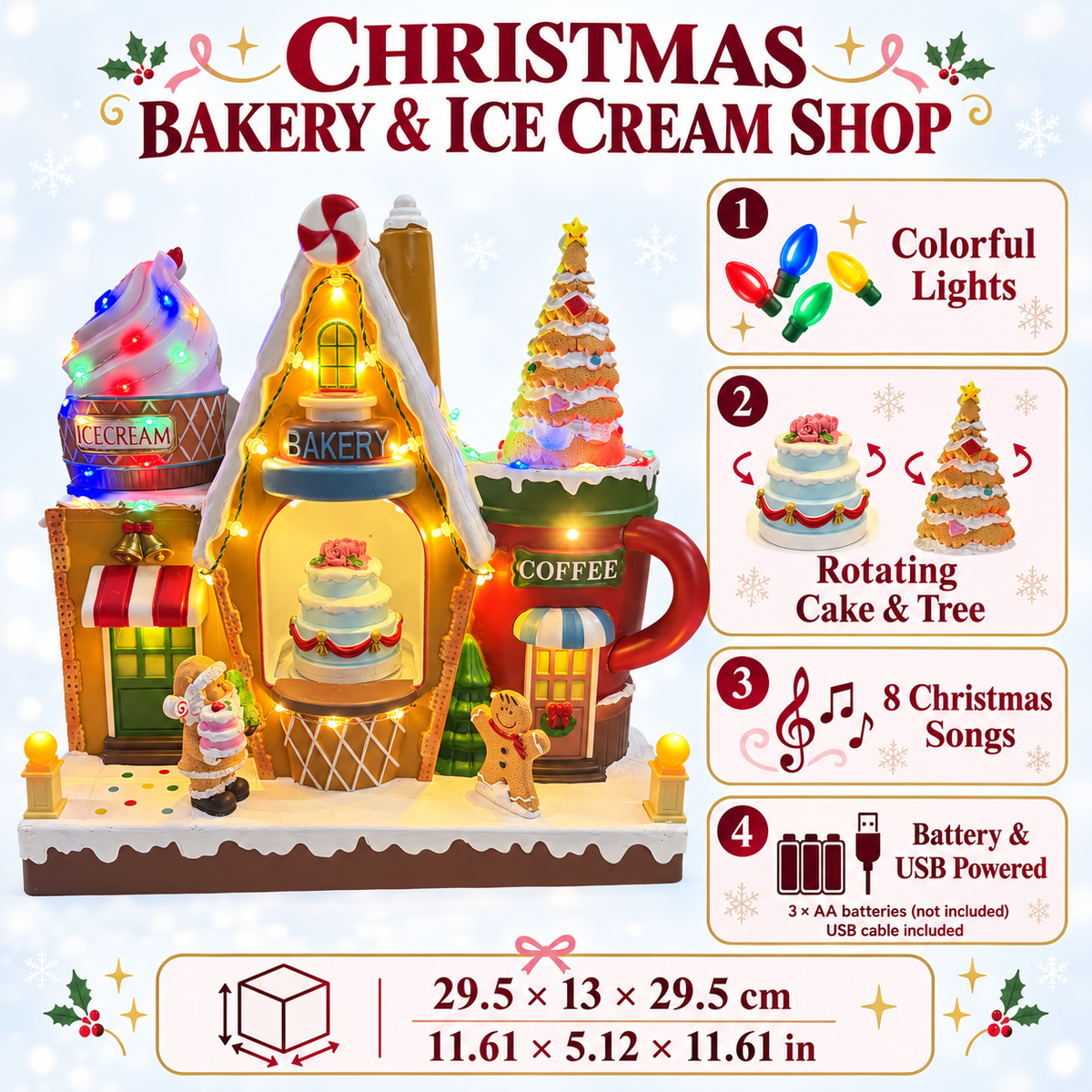 Christmas bakery and ice cream shop dimensions with rotating cake and tree, colorful lights, 8 songs and battery or USB power