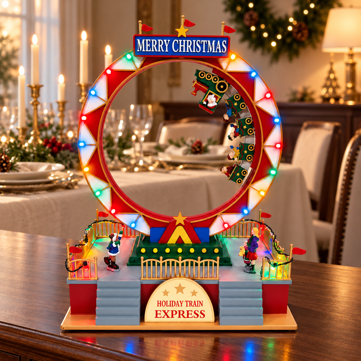 Animated musical Christmas train roller coaster on a wooden sideboard in a festive dining room