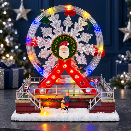 Lighted Santa snowflake Ferris wheel displayed on a console against a navy blue Christmas backdrop