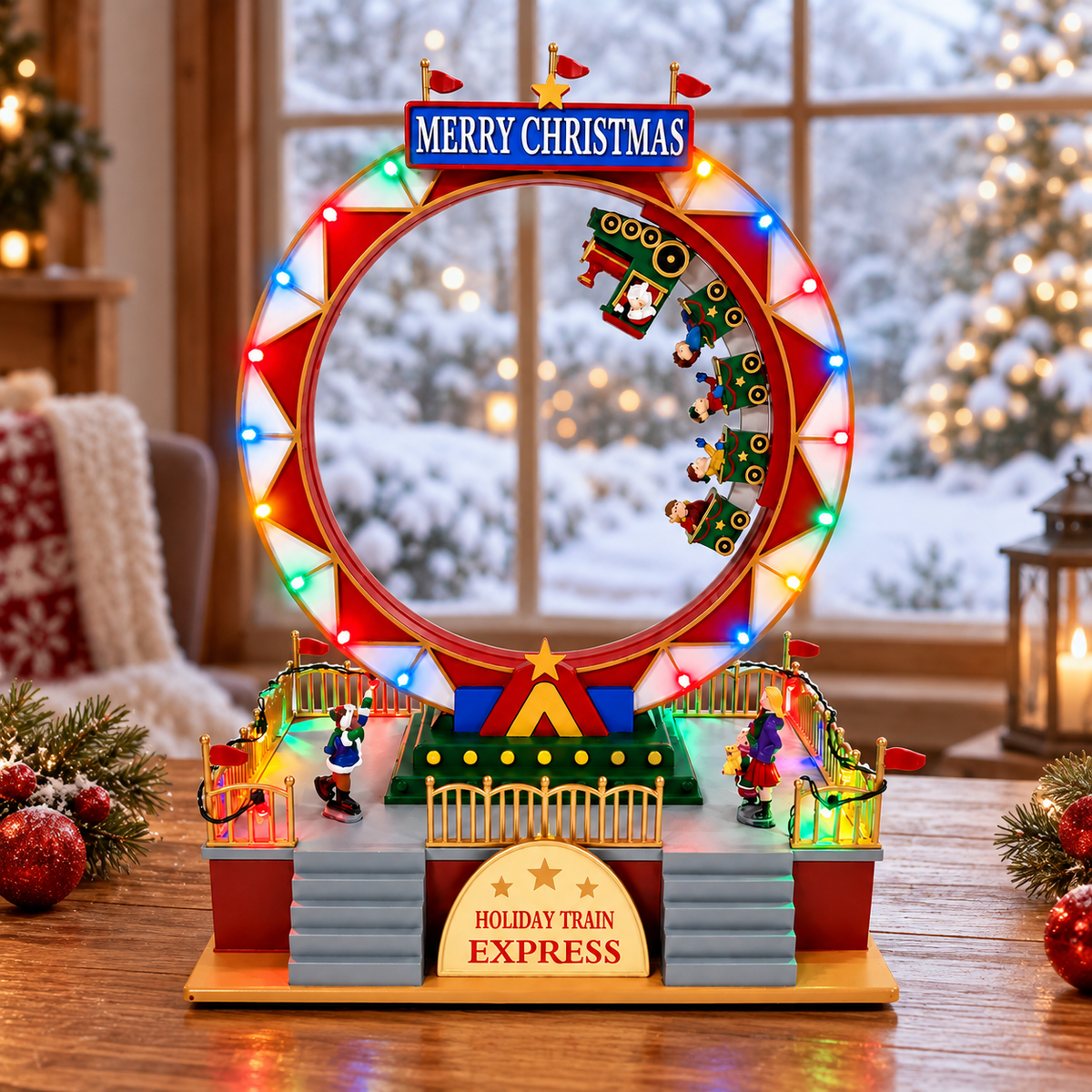 Lighted Christmas train roller coaster displayed on a wooden table beside a snowy window