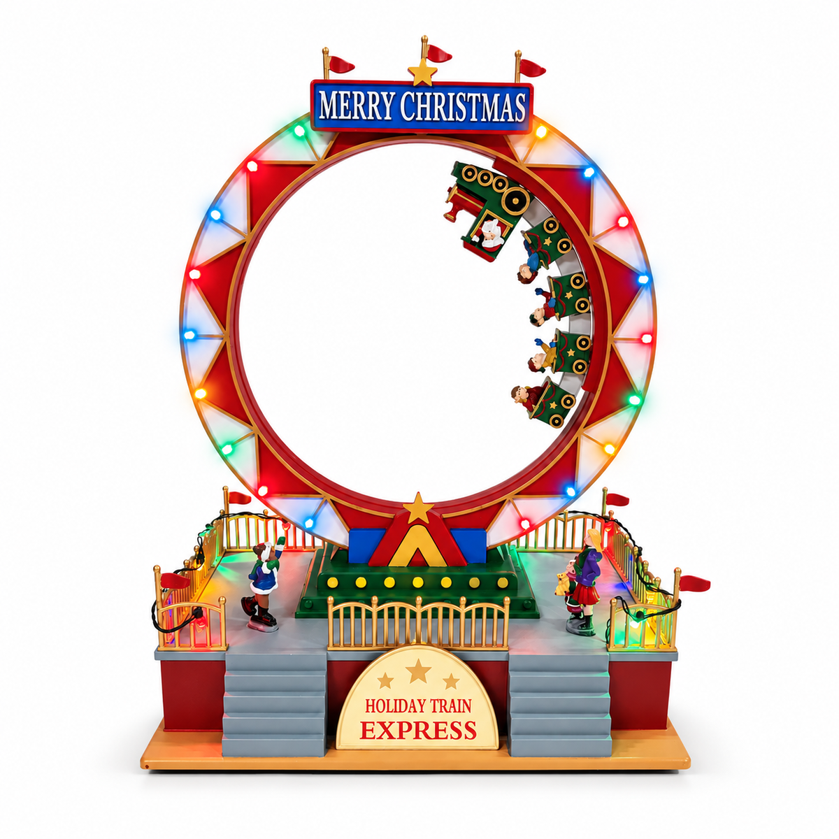 Christmas village train roller coaster with colorful lights, miniature train cars and festive figures on a white background