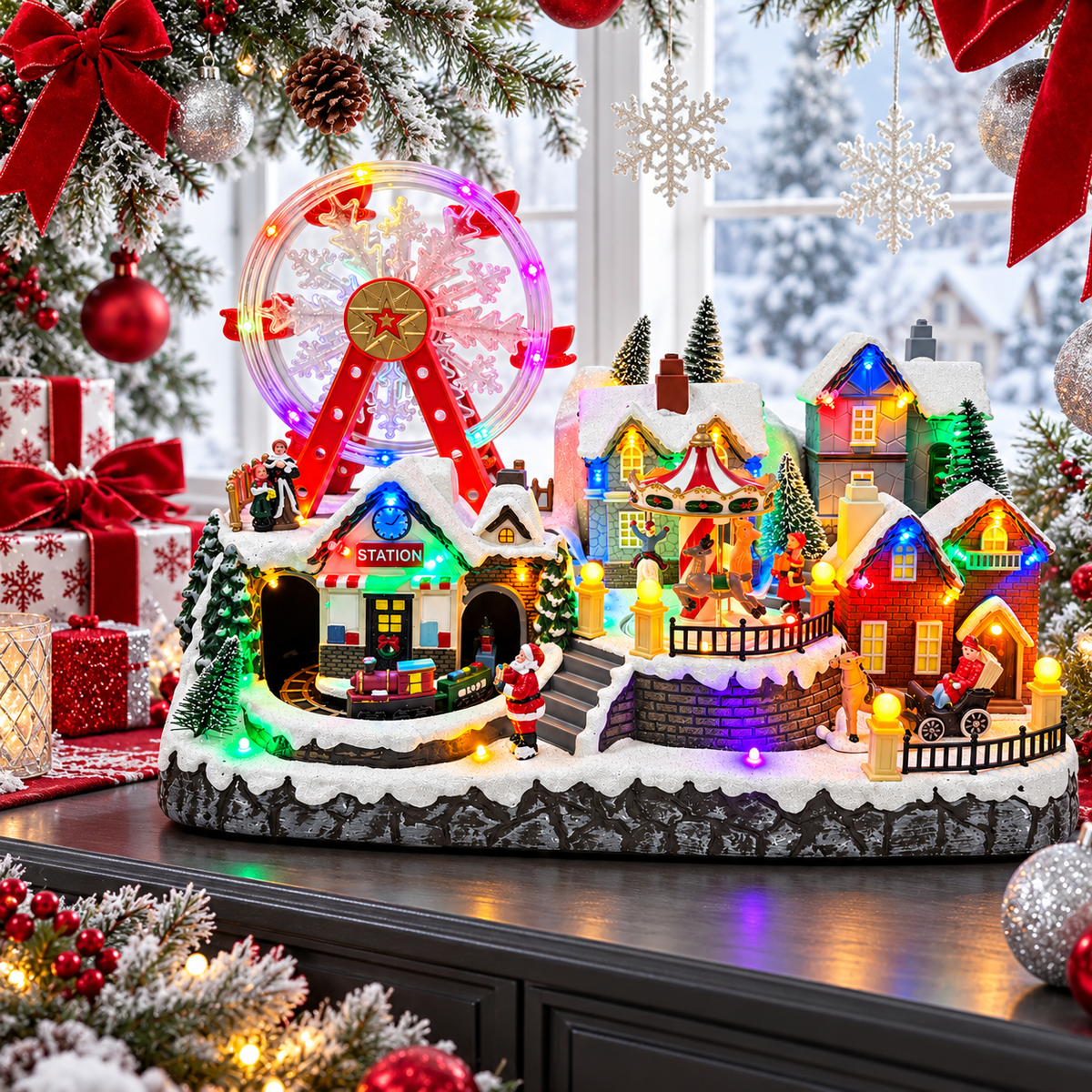Lighted Christmas village displayed beside a snowy window with red bows, silver ornaments and festive gifts
