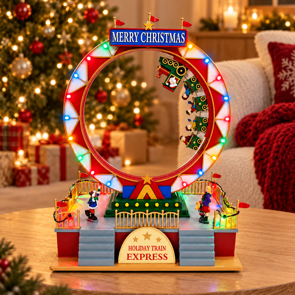 Musical Christmas train roller coaster on a coffee table beside a decorated Christmas tree