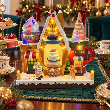 Musical Christmas bakery and ice cream shop on a holiday tea table with pastries, gold-rimmed cups and green decorations