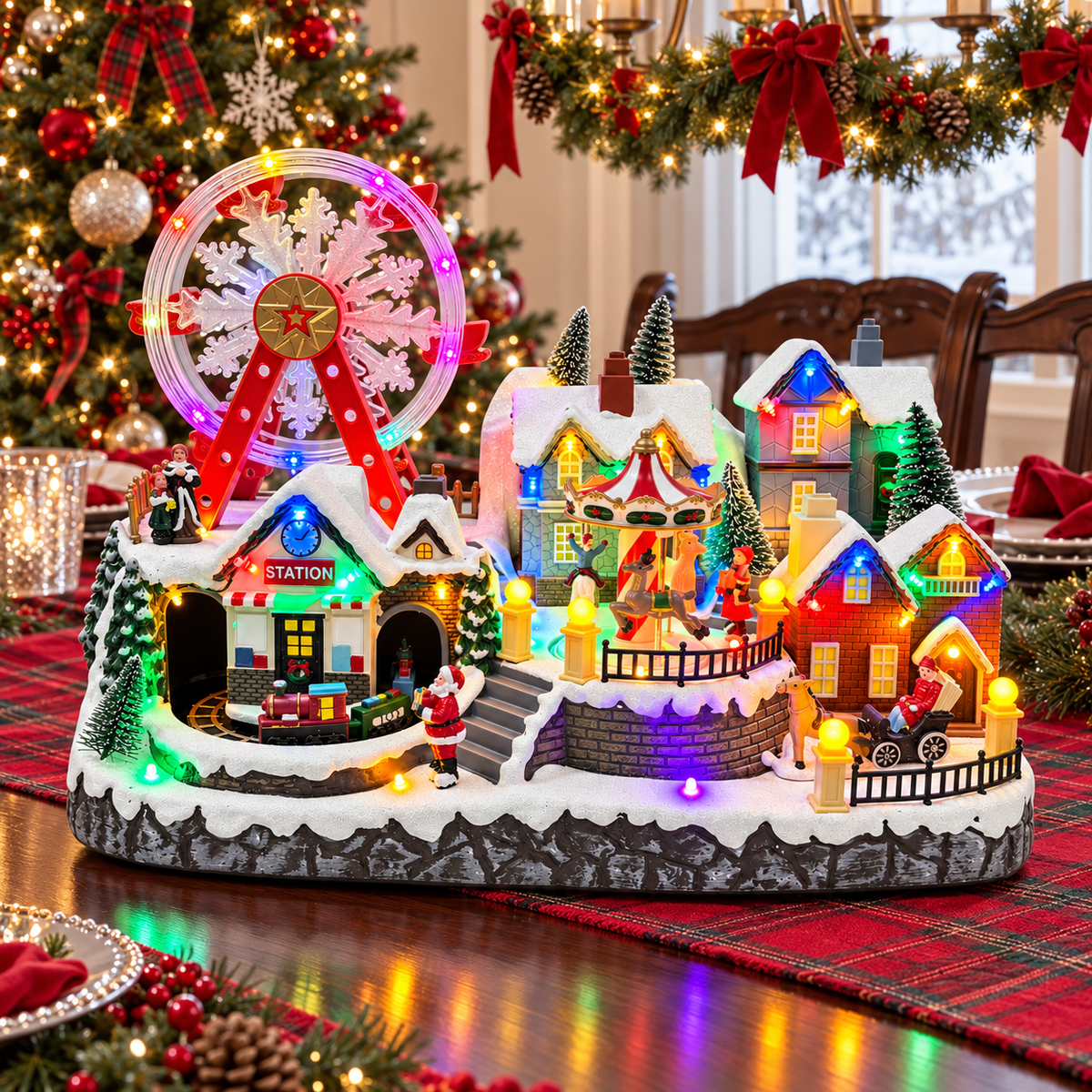 Animated Christmas village centerpiece on a plaid runner with festive table settings and a decorated Christmas tree