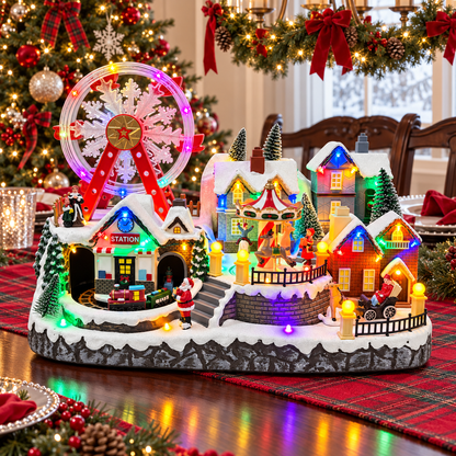 Animated Christmas village centerpiece on a plaid runner with festive table settings and a decorated Christmas tree