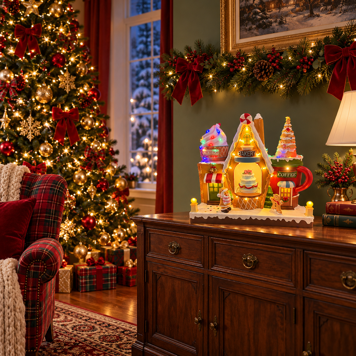 Christmas bakery and ice cream village on a wooden sideboard beside a decorated Christmas tree in a festive living room