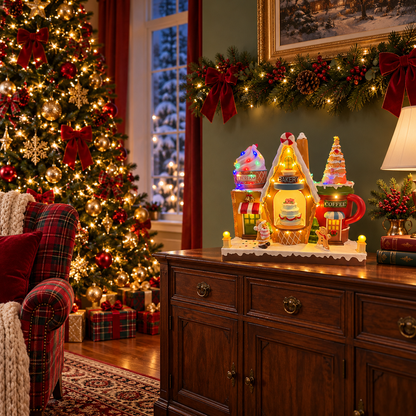 Christmas bakery and ice cream village on a wooden sideboard beside a decorated Christmas tree in a festive living room