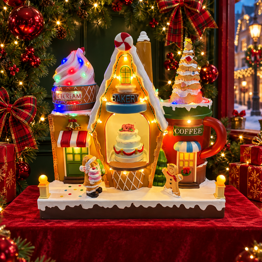Lighted Christmas bakery and ice cream village displayed with evergreen garland, red ornaments and festive bows