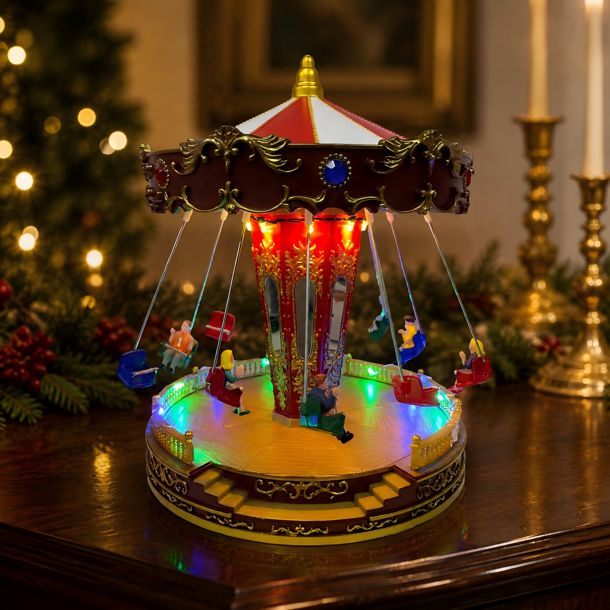 Christmas Village Carousel Lighted Musical Rotating Swing Ride Decoration