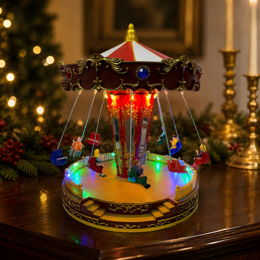 Christmas Village Carousel Lighted Musical Rotating Swing Ride Decoration