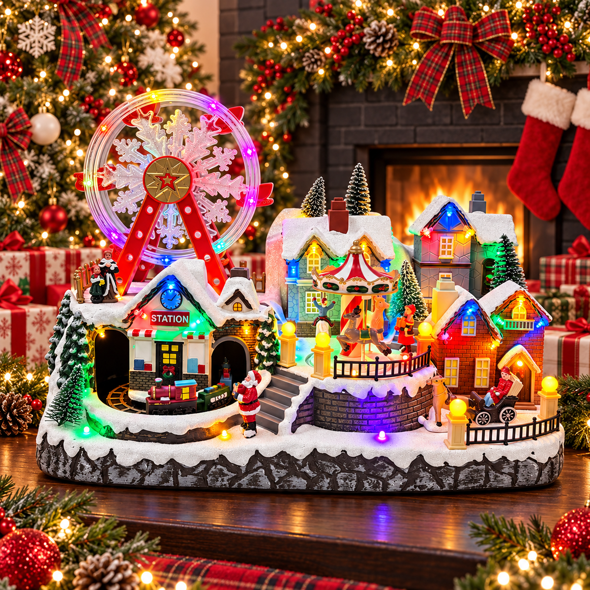 Animated Christmas village with Ferris wheel, carousel and moving train displayed beside a decorated Christmas tree and fireplace