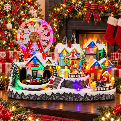 Animated Christmas village with Ferris wheel, carousel and moving train displayed beside a decorated Christmas tree and fireplace