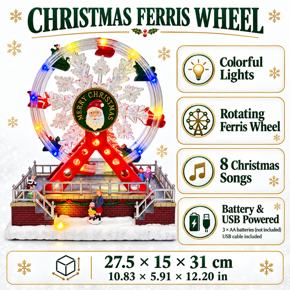 Santa snowflake Ferris wheel dimensions with lights, rotation, 8 Christmas songs and battery or USB power