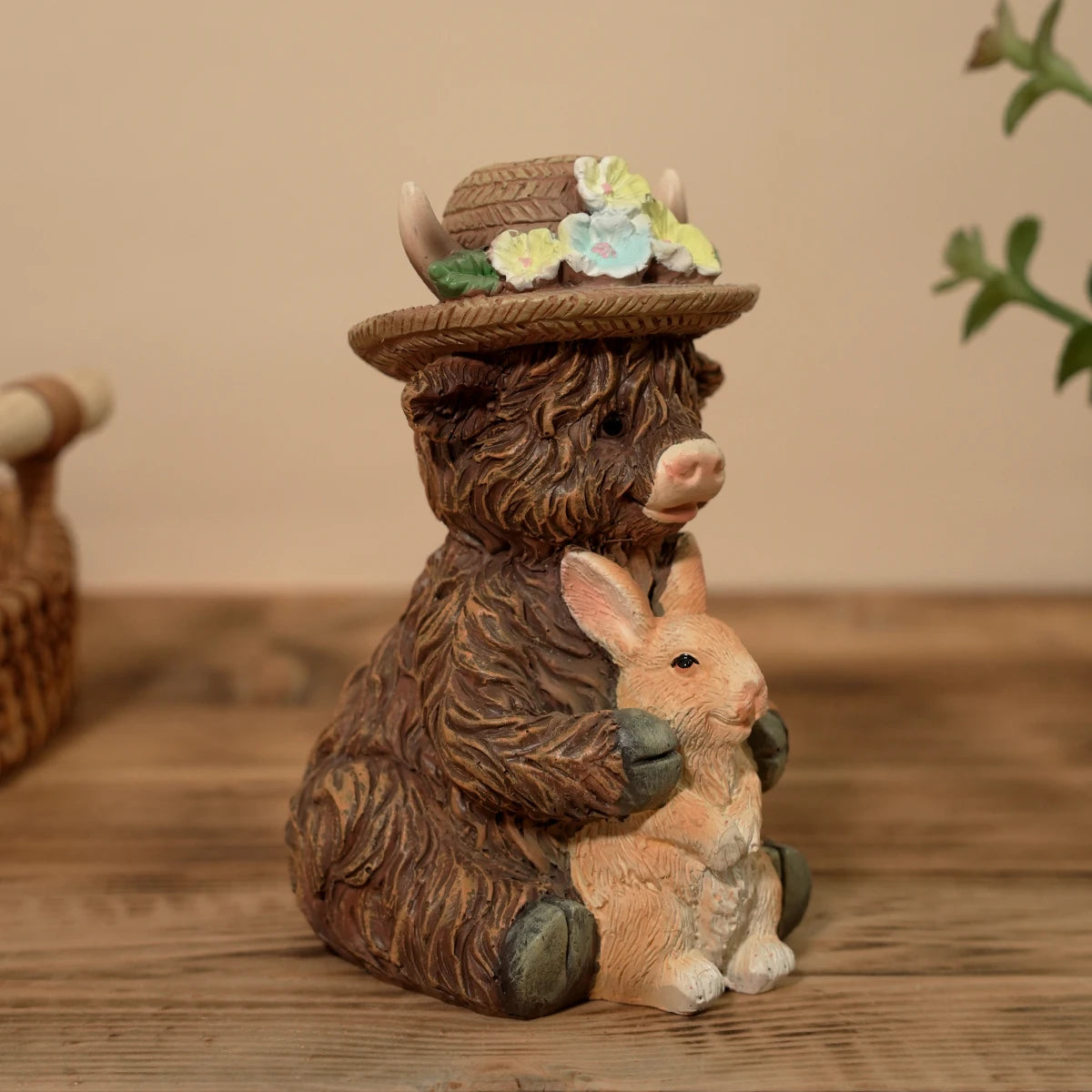 Cute Highland Cow Holding Bunny Figurine for Easter Spring Garden Decor - product image 3